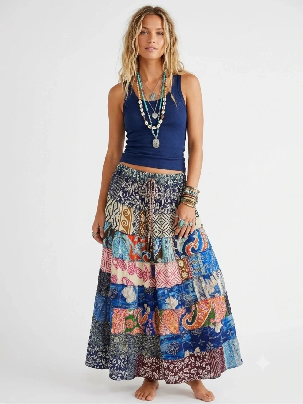 35. Boho Patchwork Sari Silk Maxi Skirt Festival Hippie Gypsy One Size India